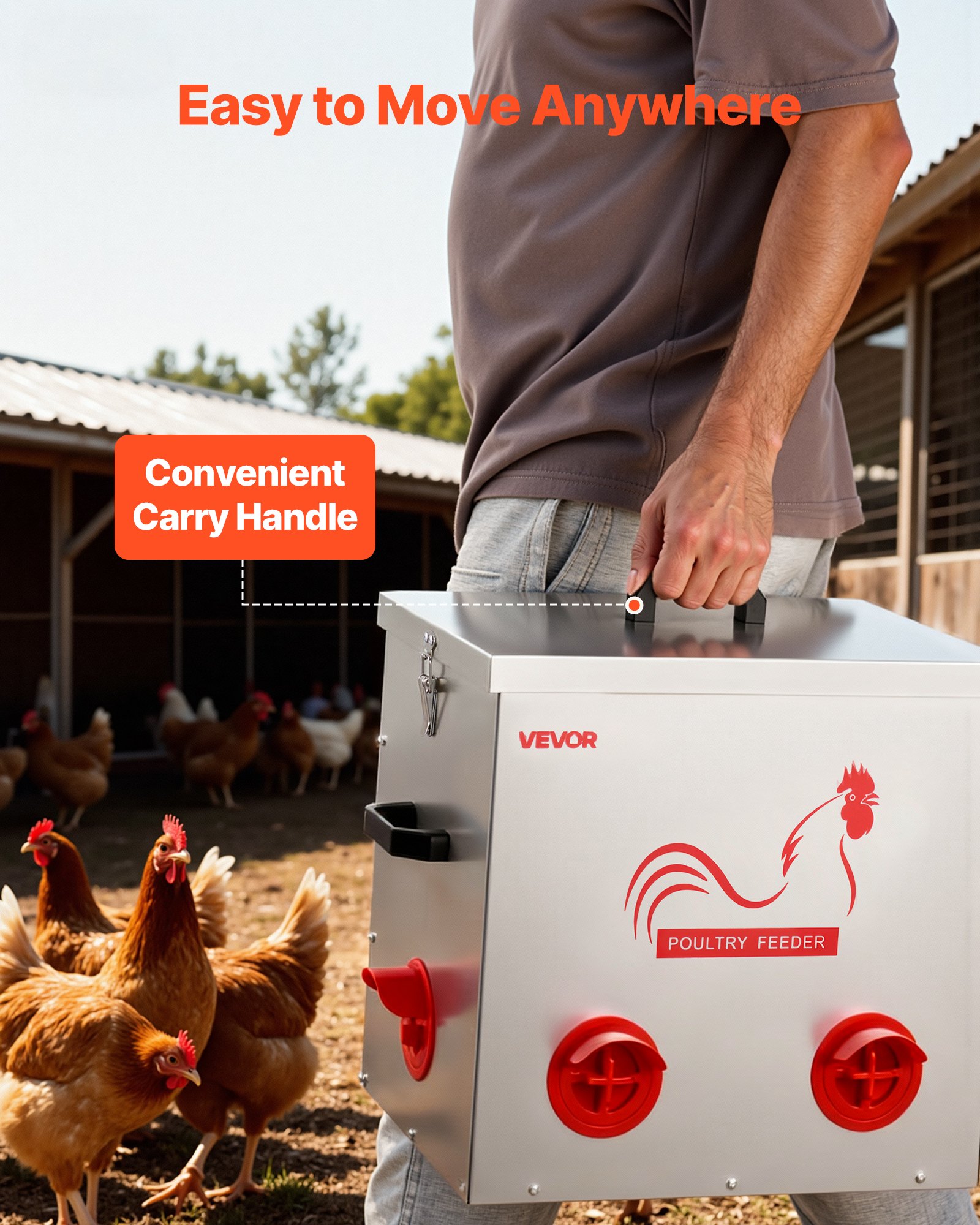 VEVOR Comedero Automático para Pollos, Capacidad de 22,7 kg, 6 Puertos de Alimentación, sin Desperdicio con Separador Incorporado, con Pestillo y Asa, Construcción Metálica, 485 x 385 x 580 mm