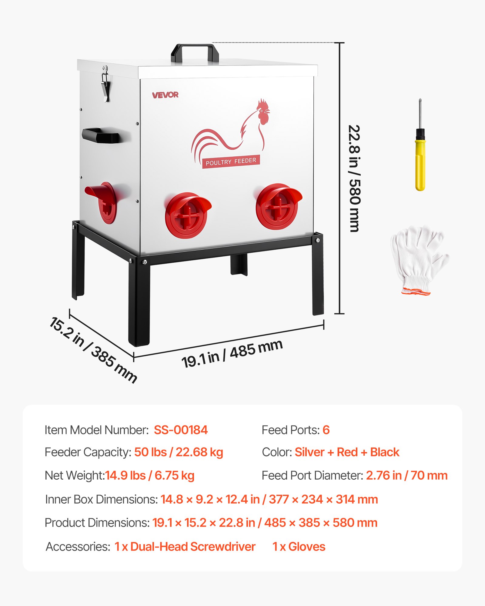 VEVOR Comedero Automático para Pollos, Capacidad de 22,7 kg, 6 Puertos de Alimentación, sin Desperdicio con Separador Incorporado, con Pestillo y Asa, Construcción Metálica, 485 x 385 x 580 mm