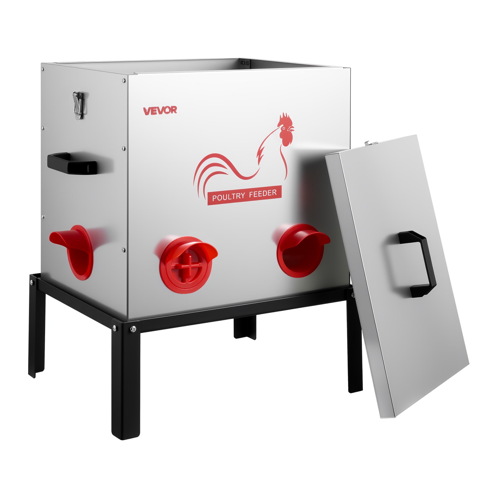 VEVOR Comedero Automático para Pollos, Capacidad de 22,7 kg, 6 Puertos de Alimentación, sin Desperdicio con Separador Incorporado, con Pestillo y Asa, Construcción Metálica, 485 x 385 x 580 mm