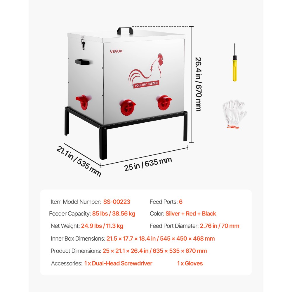 VEVOR Comedero Automático Metálico, Carga de 38,56 kg, 6 Puertos de Alimentación, sin Desperdicio, con Divisor Incorporado, Pestillo y Asa, para Pollos, Gallinas Enanas, Faisanes y Gallineros