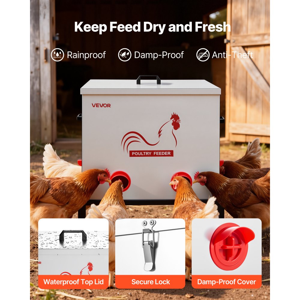 VEVOR Comedero Automático Metálico, Carga de 38,56 kg, 6 Puertos de Alimentación, sin Desperdicio, con Divisor Incorporado, Pestillo y Asa, para Pollos, Gallinas Enanas, Faisanes y Gallineros