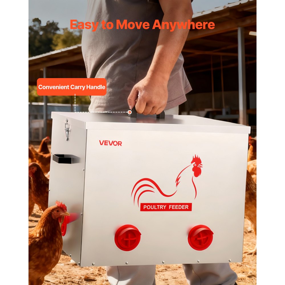 VEVOR Comedero Automático Metálico, Carga de 38,56 kg, 6 Puertos de Alimentación, sin Desperdicio, con Divisor Incorporado, Pestillo y Asa, para Pollos, Gallinas Enanas, Faisanes y Gallineros