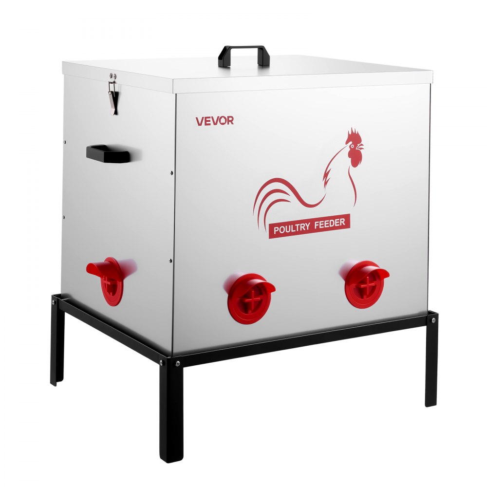 VEVOR Comedero Automático Metálico, Carga de 38,56 kg, 6 Puertos de Alimentación, sin Desperdicio, con Divisor Incorporado, Pestillo y Asa, para Pollos, Gallinas Enanas, Faisanes y Gallineros