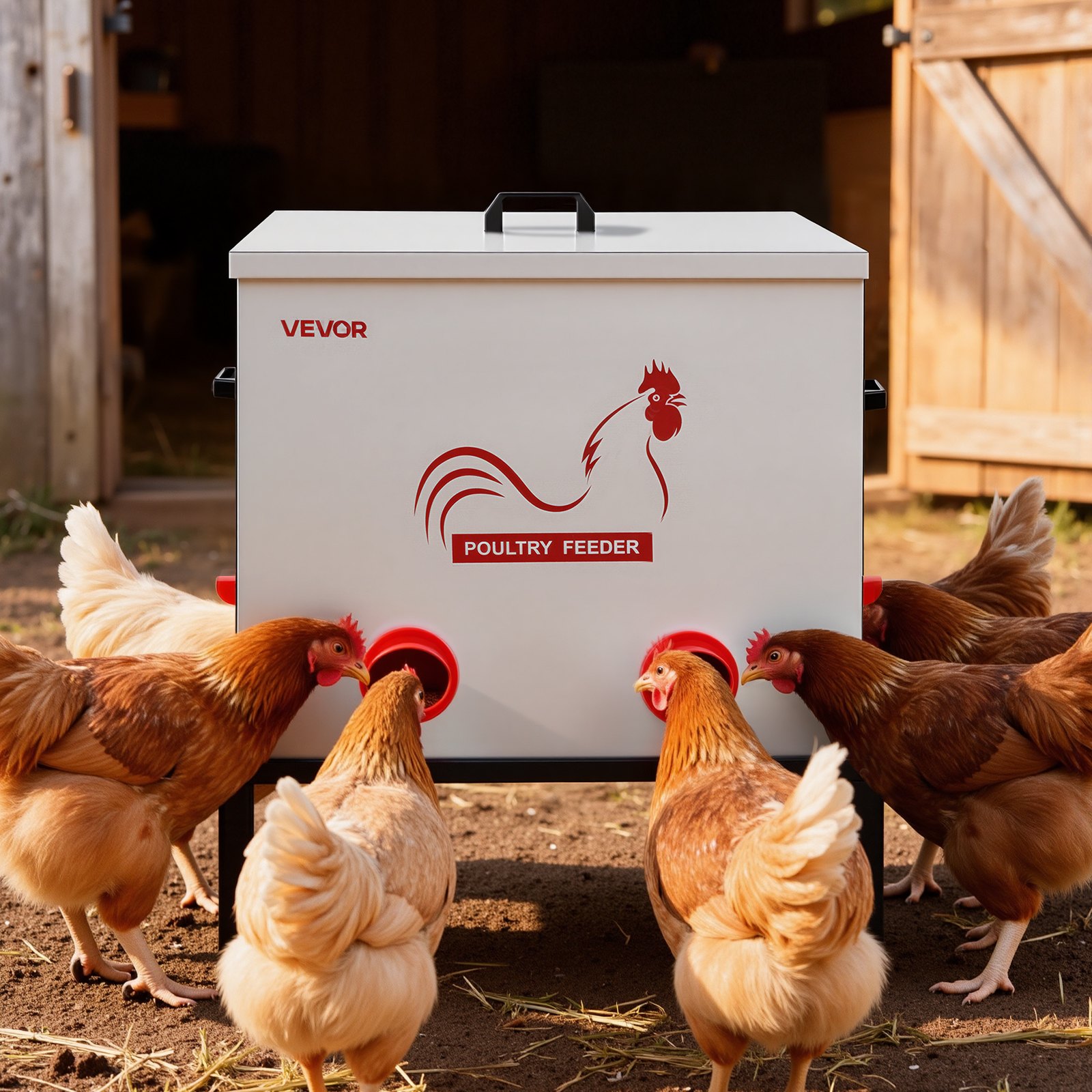 VEVOR Comedero Automático Metálico, Carga de 38,56 kg, 6 Puertos de Alimentación, sin Desperdicio, con Divisor Incorporado, Pestillo y Asa, para Pollos, Gallinas Enanas, Faisanes y Gallineros
