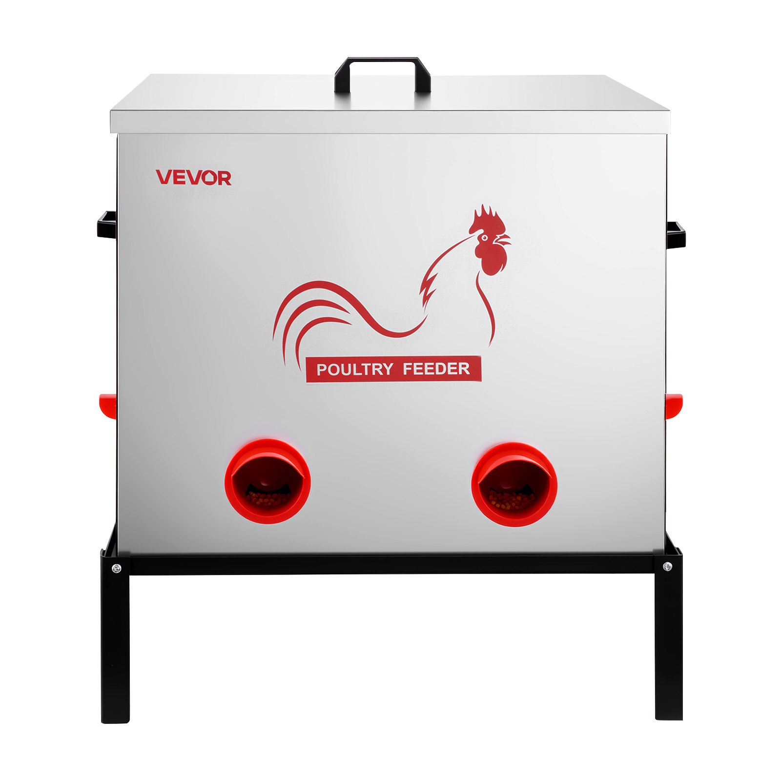 VEVOR Comedero Automático Metálico, Carga de 38,56 kg, 6 Puertos de Alimentación, sin Desperdicio, con Divisor Incorporado, Pestillo y Asa, para Pollos, Gallinas Enanas, Faisanes y Gallineros
