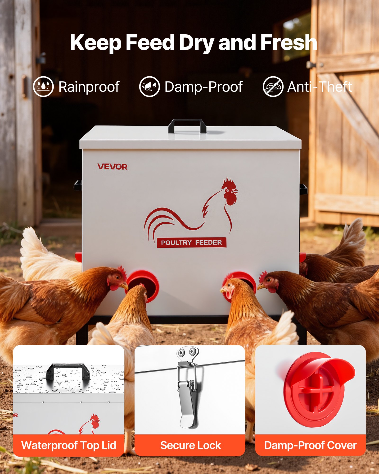 VEVOR Comedero Automático Metálico, Carga de 38,56 kg, 6 Puertos de Alimentación, sin Desperdicio, con Divisor Incorporado, Pestillo y Asa, para Pollos, Gallinas Enanas, Faisanes y Gallineros