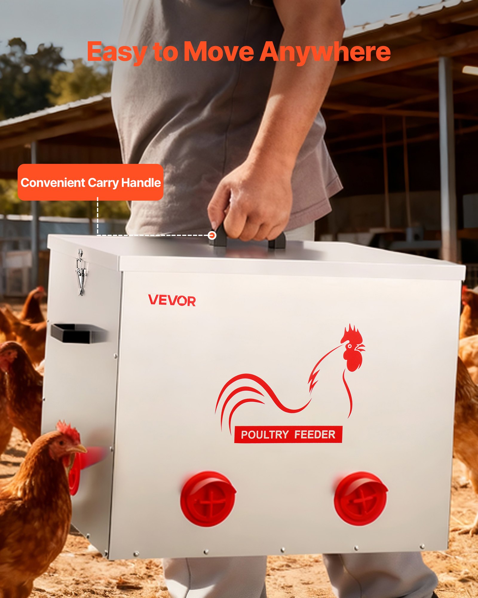 VEVOR Comedero Automático Metálico, Carga de 38,56 kg, 6 Puertos de Alimentación, sin Desperdicio, con Divisor Incorporado, Pestillo y Asa, para Pollos, Gallinas Enanas, Faisanes y Gallineros