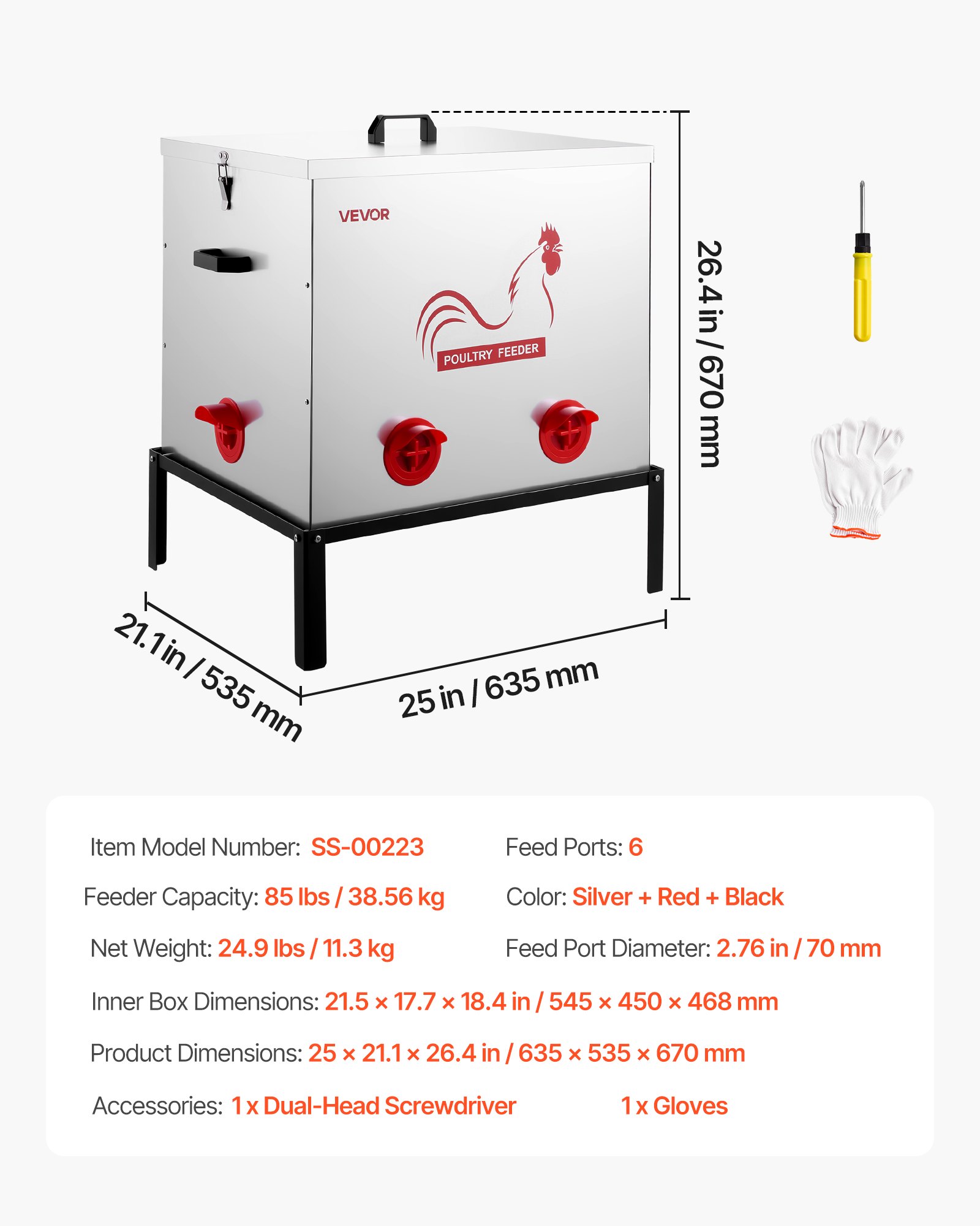 VEVOR Comedero Automático Metálico, Carga de 38,56 kg, 6 Puertos de Alimentación, sin Desperdicio, con Divisor Incorporado, Pestillo y Asa, para Pollos, Gallinas Enanas, Faisanes y Gallineros