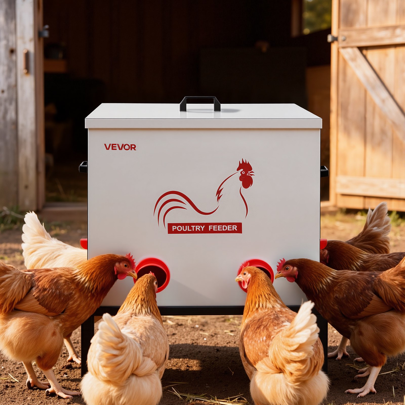 VEVOR Comedero Automático Metálico, Carga de 38,56 kg, 6 Puertos de Alimentación, sin Desperdicio, con Divisor Incorporado, Pestillo y Asa, para Pollos, Gallinas Enanas, Faisanes y Gallineros