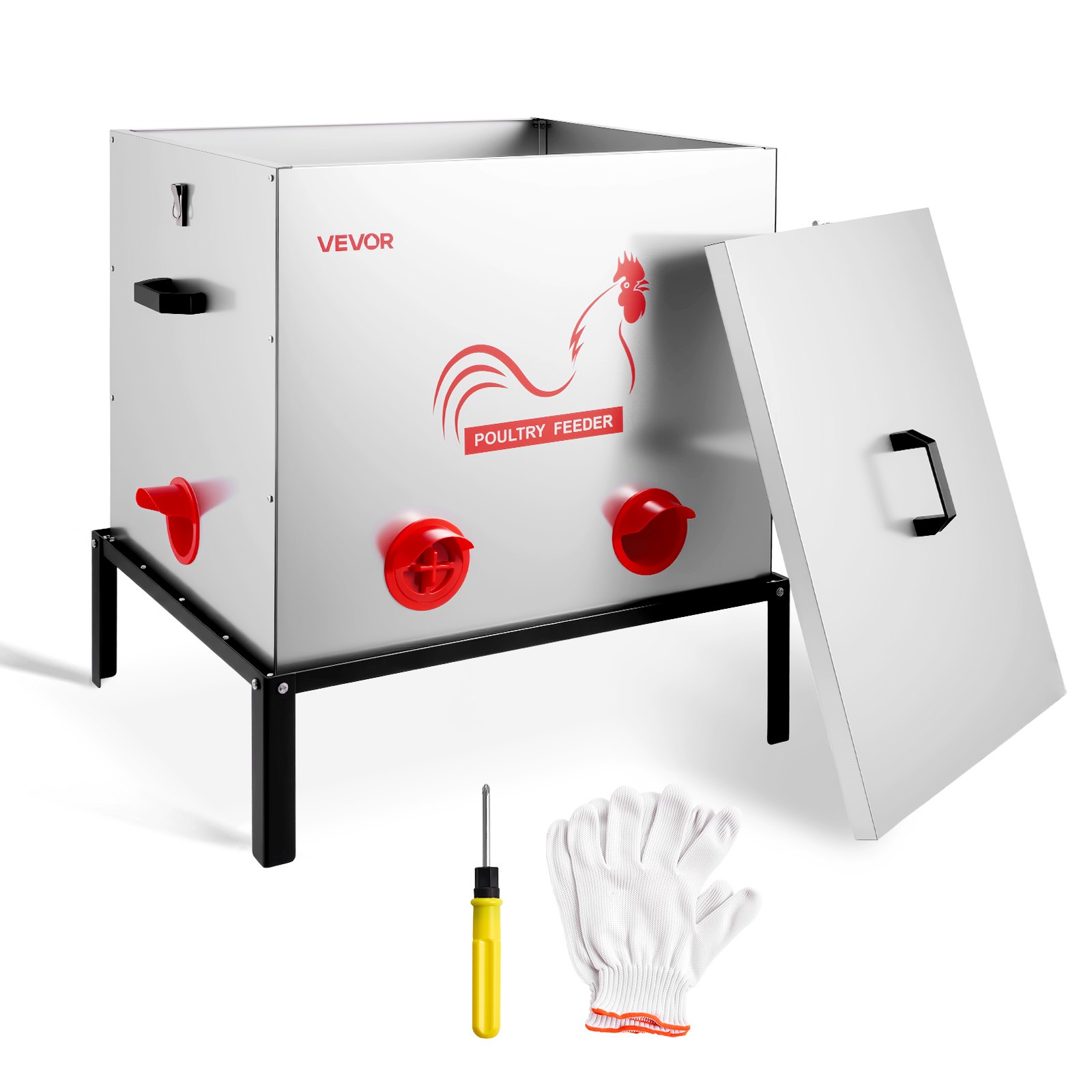 VEVOR Comedero Automático Metálico, Carga de 38,56 kg, 6 Puertos de Alimentación, sin Desperdicio, con Divisor Incorporado, Pestillo y Asa, para Pollos, Gallinas Enanas, Faisanes y Gallineros