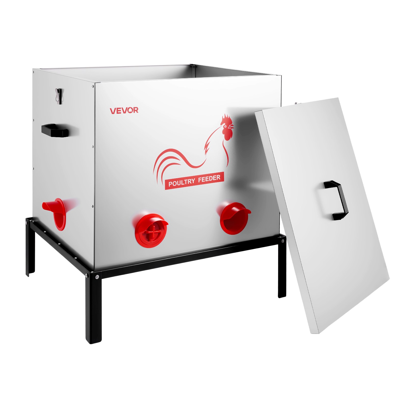 VEVOR Comedero Automático Metálico, Carga de 38,56 kg, 6 Puertos de Alimentación, sin Desperdicio, con Divisor Incorporado, Pestillo y Asa, para Pollos, Gallinas Enanas, Faisanes y Gallineros