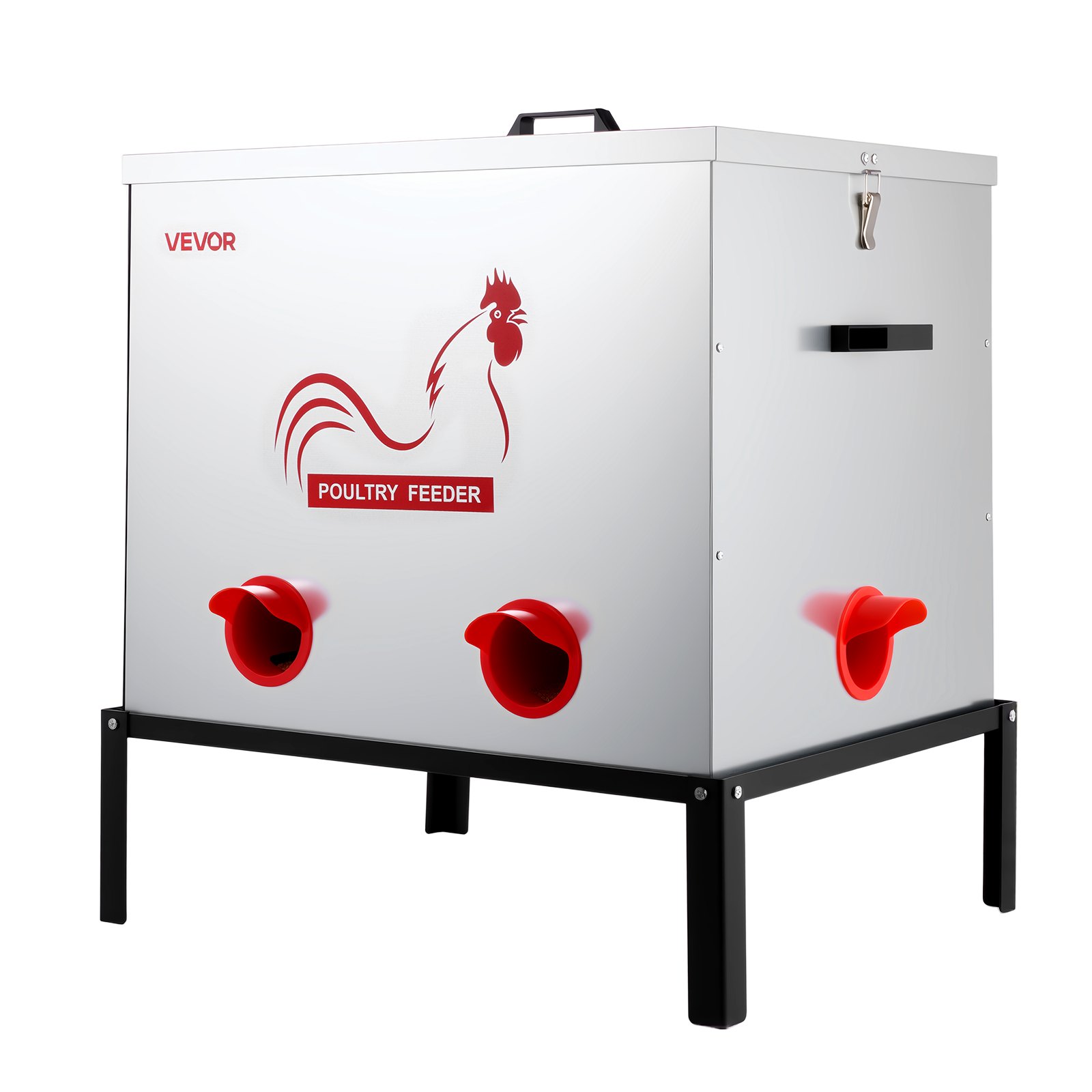 VEVOR Comedero Automático Metálico, Carga de 38,56 kg, 6 Puertos de Alimentación, sin Desperdicio, con Divisor Incorporado, Pestillo y Asa, para Pollos, Gallinas Enanas, Faisanes y Gallineros