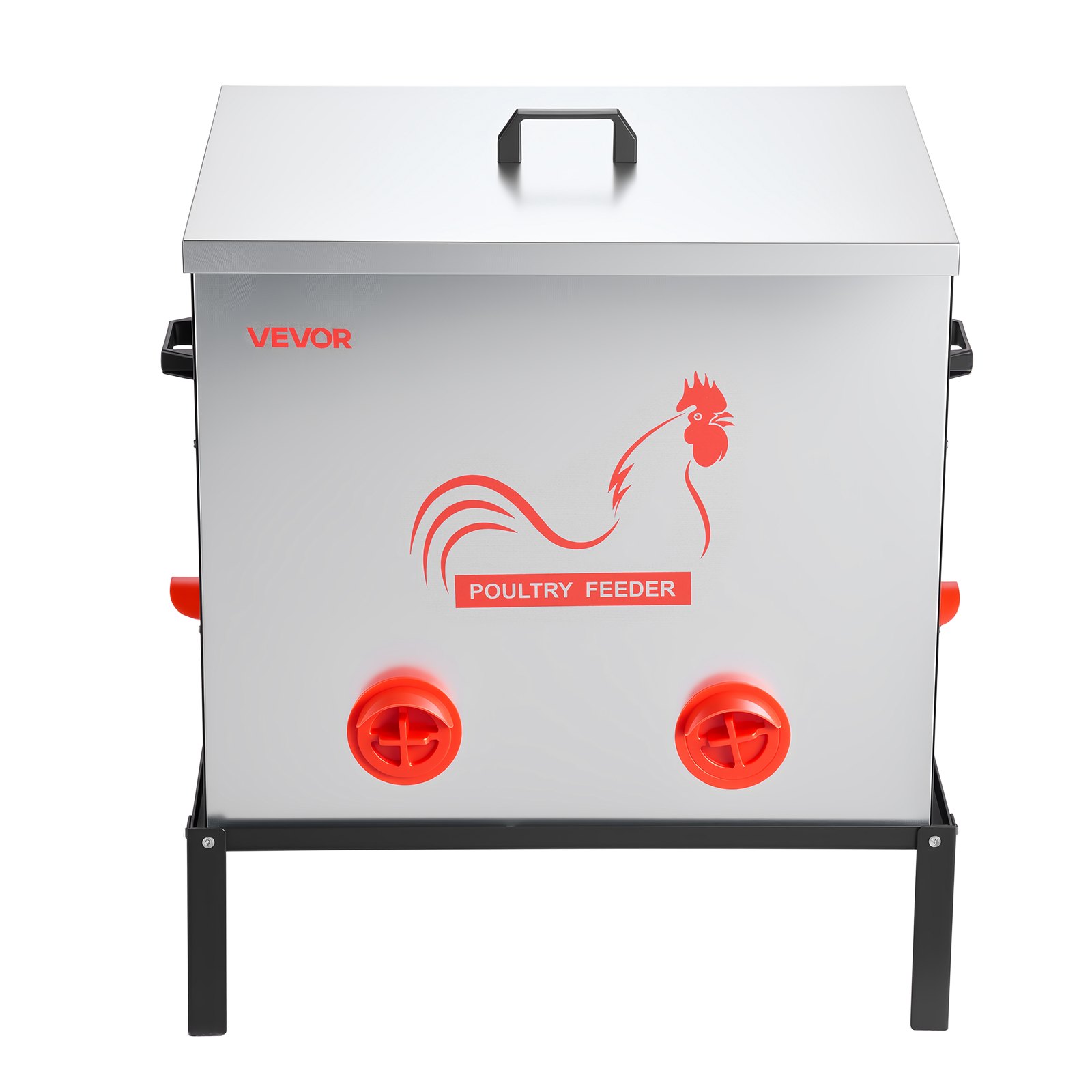 VEVOR Comedero Automático Metálico, Carga de 38,56 kg, 6 Puertos de Alimentación, sin Desperdicio, con Divisor Incorporado, Pestillo y Asa, para Pollos, Gallinas Enanas, Faisanes y Gallineros