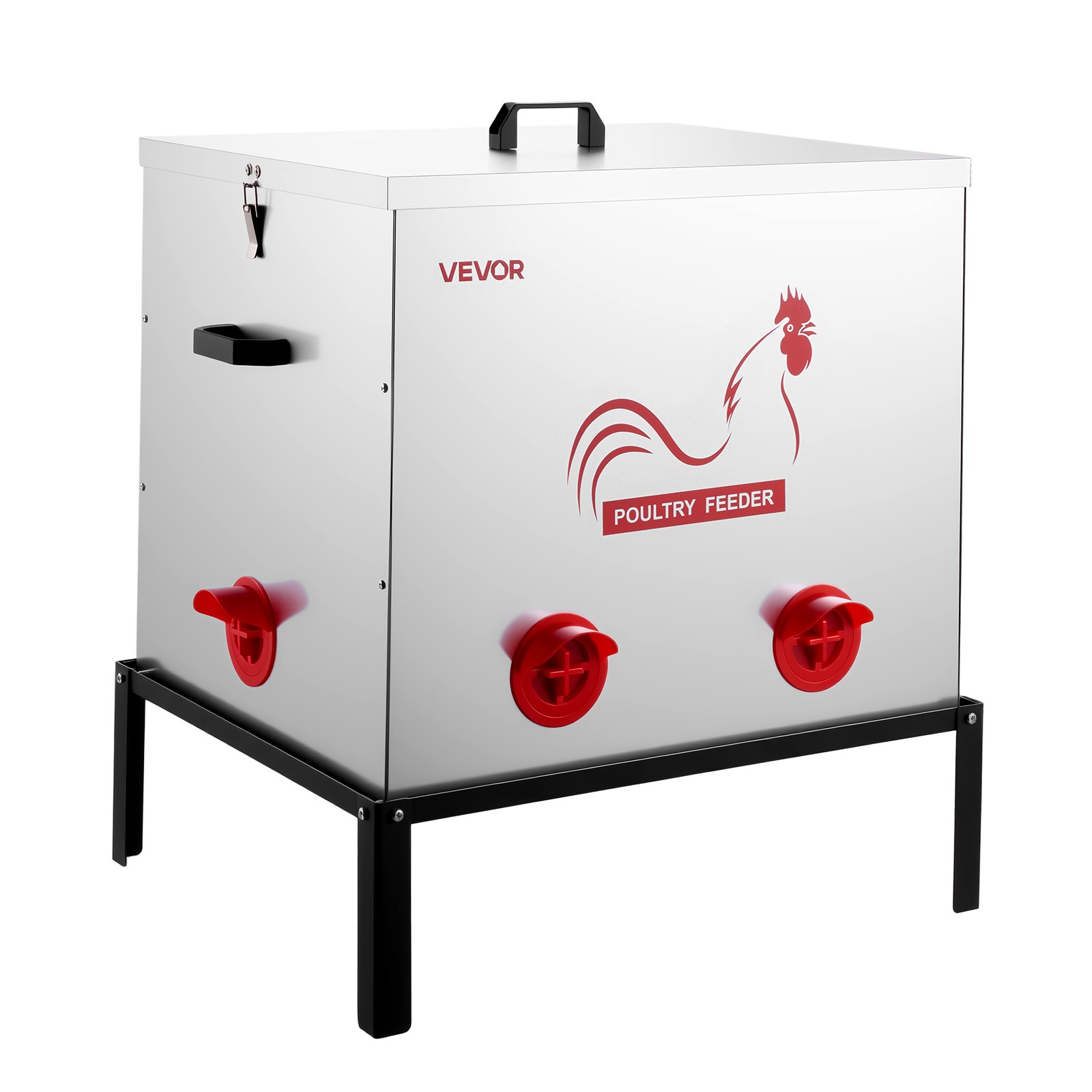 VEVOR Comedero Automático Metálico, Carga de 38,56 kg, 6 Puertos de Alimentación, sin Desperdicio, con Divisor Incorporado, Pestillo y Asa, para Pollos, Gallinas Enanas, Faisanes y Gallineros