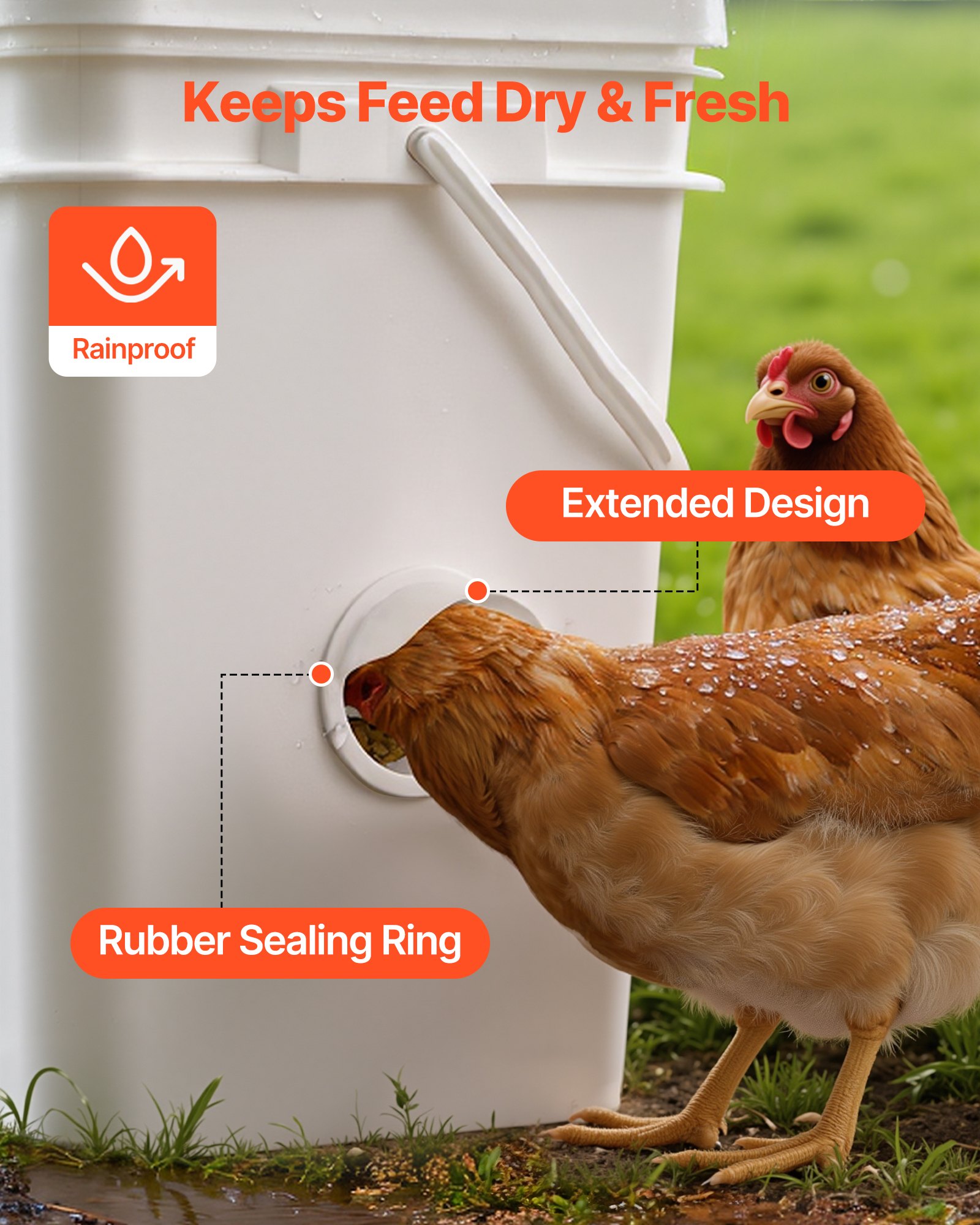 VEVOR DIY Chicken Feeder, 4 Feed Ports, Rain Proof Poultry Feeder with Cover, No Waste, Automatic Gravity Feed Kit with Sturdy Steel Hole Saw, Rubber Sealing Ring, for Buckets, Barrels, Bins, Troughs