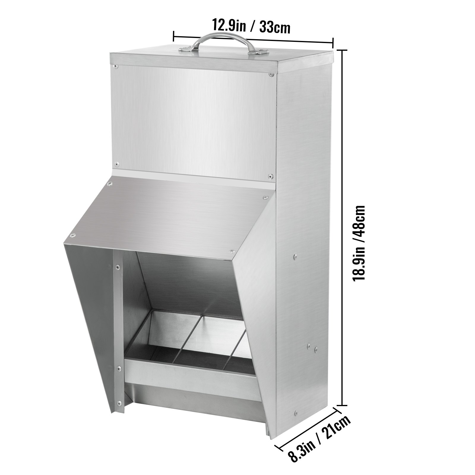 VEVOR Comedero galvanizado para aves de corral con capacidad para 25 libras de alimento, comederos para pollos, sin desperdicio, 12,9x8,3x18,9 pulgadas, comedero para pollos colgante con tapa, resiste