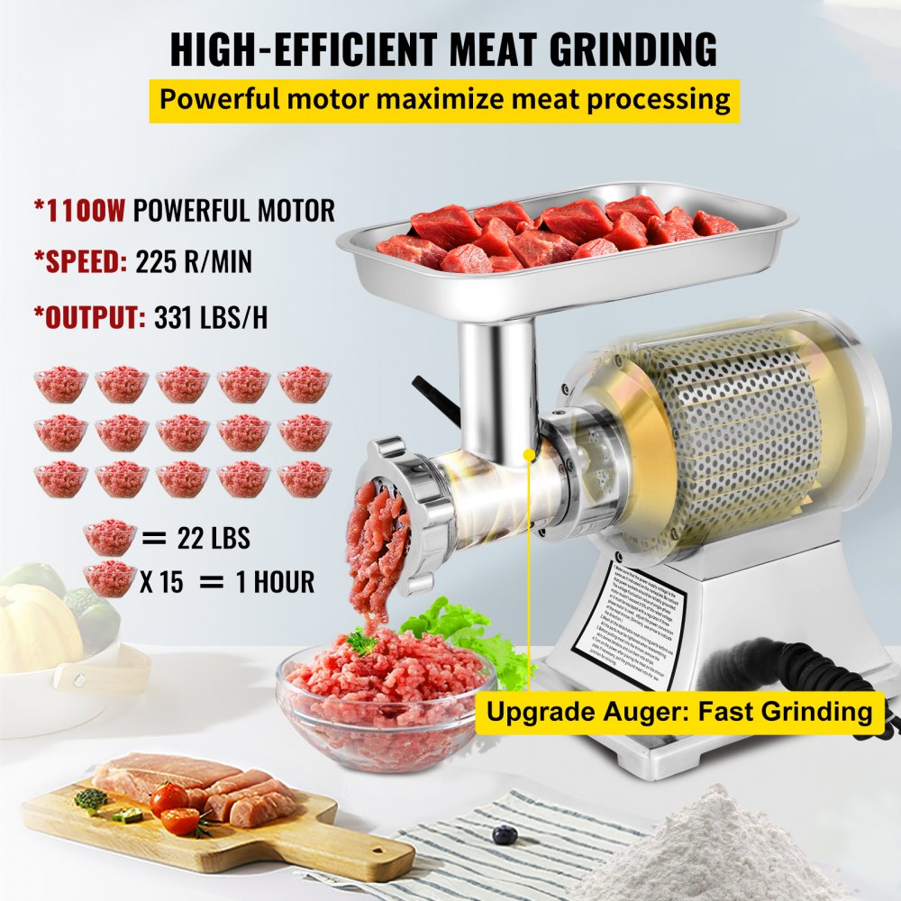 Vevor Picadora De Carne 250 Kg/h 1100 W 2 Placas Embutido De Salchicha 225 Rpm