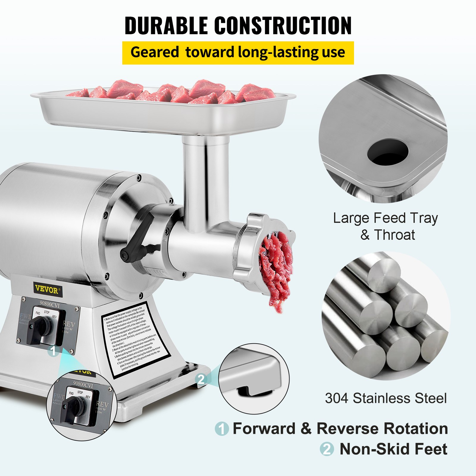 Vevor Picadora De Carne 250 Kg/h 1100 W 2 Placas Embutido De Salchicha 225 Rpm