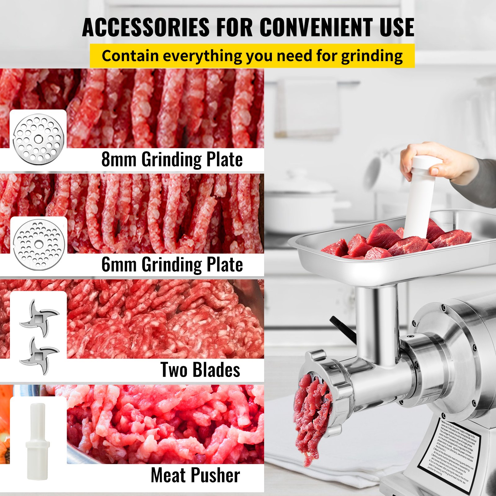 Vevor Picadora De Carne 250 Kg/h 1100 W 2 Placas Embutido De Salchicha 225 Rpm