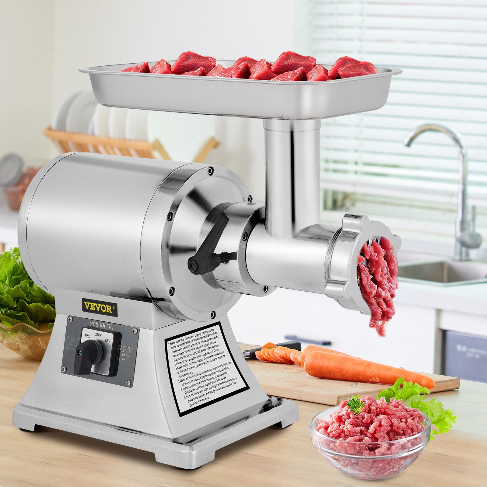 Vevor Picadora De Carne 250 Kg/h 1100 W 2 Placas Embutido De Salchicha 225 Rpm