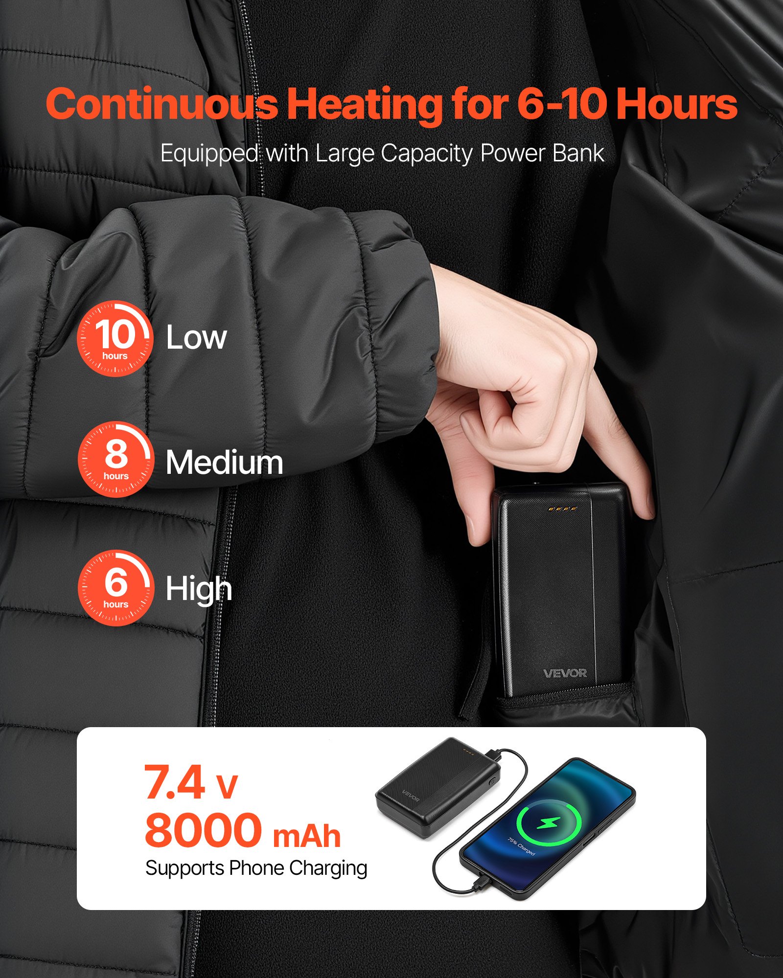 VEVOR Chaqueta Calefactable para Mujer, Batería 7,4 V, Softshell Eléctrico, Ligera, 4 Zonas de Calefacción y 3 Niveles de Calentamiento, para Senderismo y Trabajo al Aire Libre, Negro, Talla M