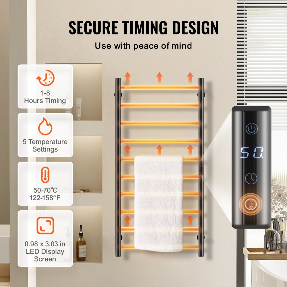 VEVOR Towel Warmer with 10 Bars, Wall-Mounted Heated Towel Rail for Bathrooms, IPX5 Waterproof Towel Radiator with Timer and LED Display, Towel Heater with 5 Adjustable Temperature Levels, Black