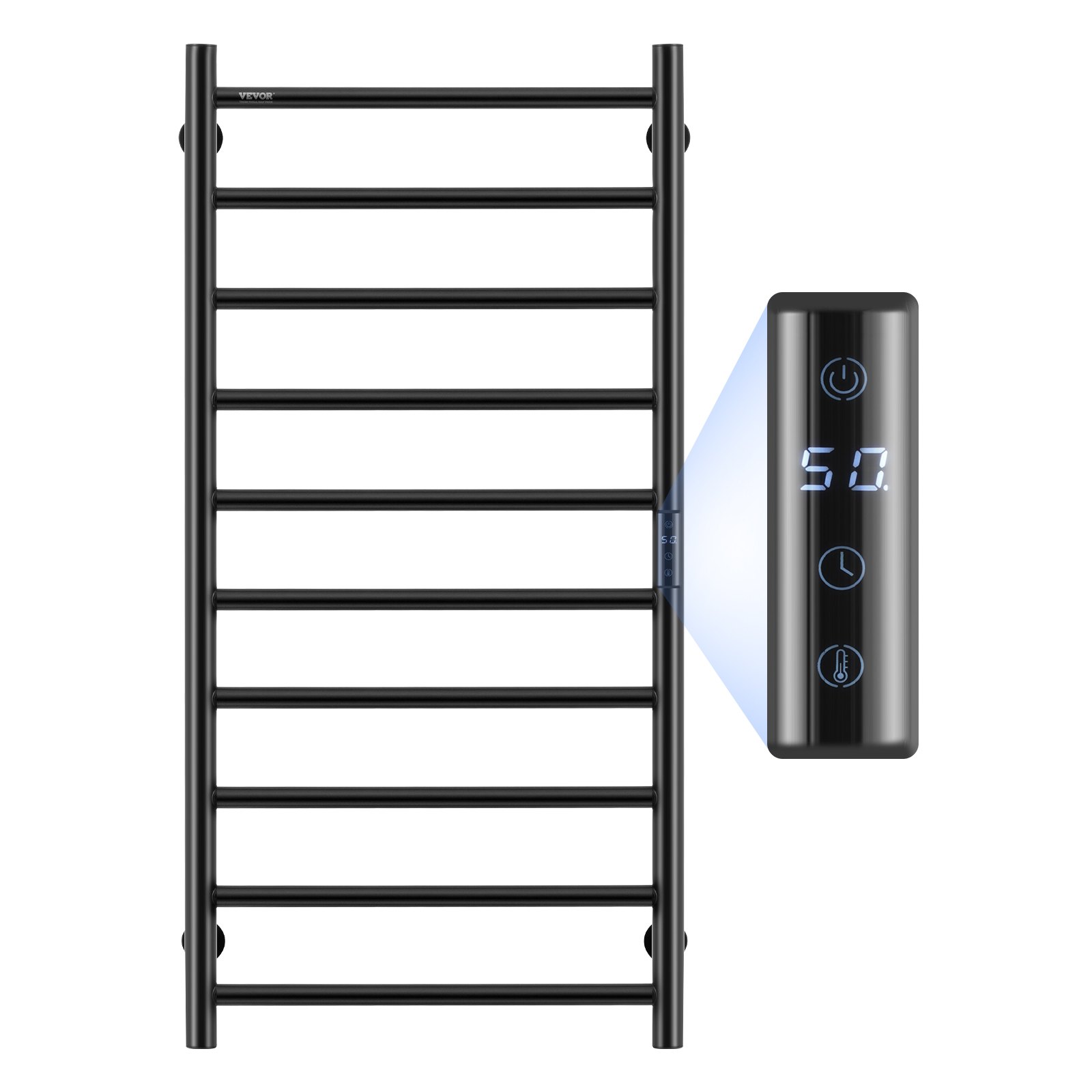 VEVOR Towel Warmer with 10 Bars, Wall-Mounted Heated Towel Rail for Bathrooms, IPX5 Waterproof Towel Radiator with Timer and LED Display, Towel Heater with 5 Adjustable Temperature Levels, Black