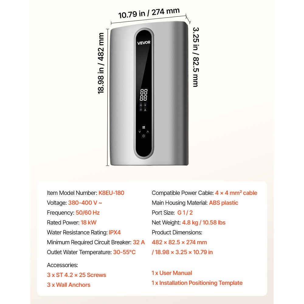 VEVOR Tankless Electric Water Heater 18 kW 3 Phase Instant Hot Water Heater, for Household Washing, Bathing, Kitchen, LED Touch Control, Cast Aluminum Heating Element, 30-55°C Adjustable Temperature