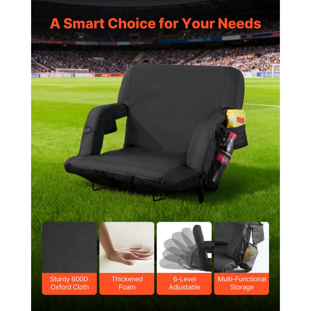 VEVOR Asiento de Estadio con Calefacción, 4 Bolsillos, 3 Niveles de Calefacción y 6 Modos de Vibración, Cojín Portátil para Acampadas, Eventos Deportivos y Gradas, Color Negro, 645 x 515 x 465 mm