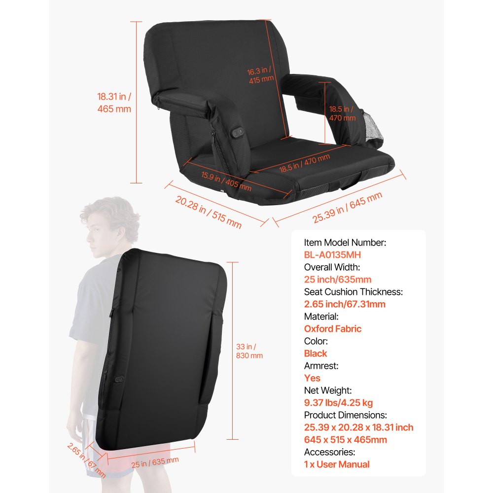 VEVOR Asiento de Estadio con Calefacción, 4 Bolsillos, 3 Niveles de Calefacción y 6 Modos de Vibración, Cojín Portátil para Acampadas, Eventos Deportivos y Gradas, Color Negro, 645 x 515 x 465 mm