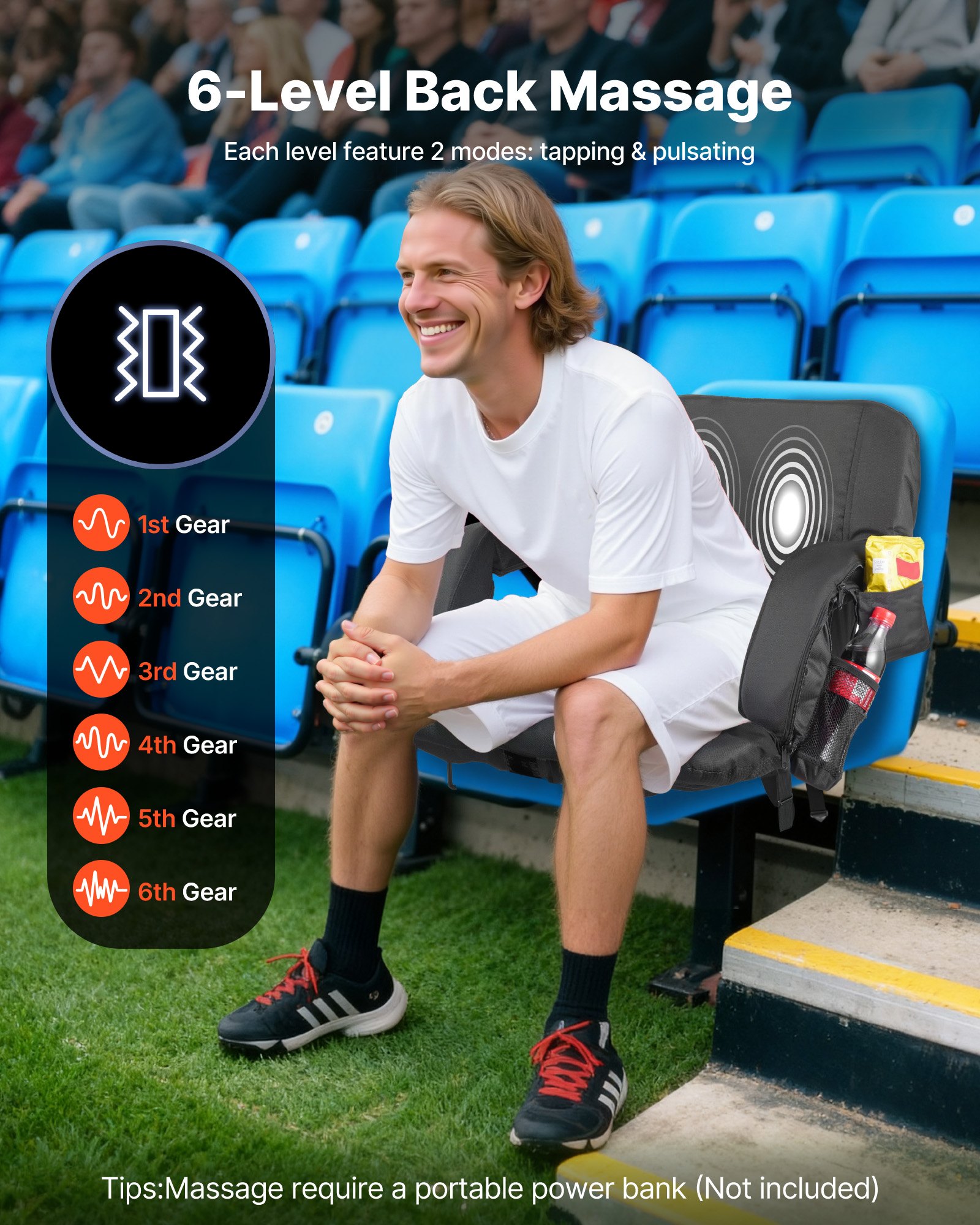 VEVOR Asiento de Estadio con Calefacción, 4 Bolsillos, 3 Niveles de Calefacción y 6 Modos de Vibración, Cojín Portátil para Acampadas, Eventos Deportivos y Gradas, Color Negro, 645 x 515 x 465 mm