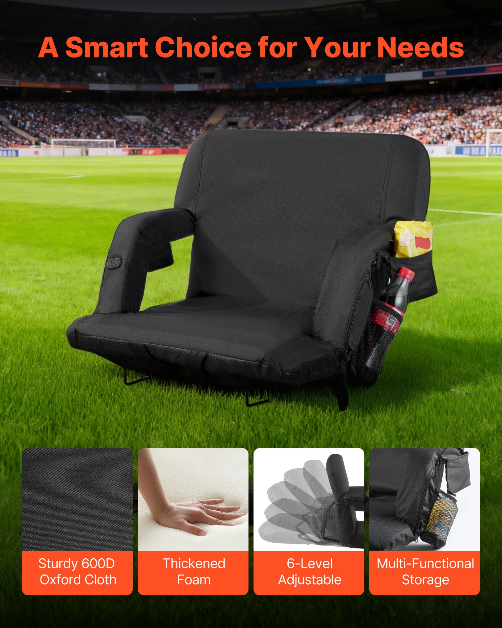 VEVOR Asiento de Estadio con Calefacción, 4 Bolsillos, 3 Niveles de Calefacción y 6 Modos de Vibración, Cojín Portátil para Acampadas, Eventos Deportivos y Gradas, Color Negro, 645 x 515 x 465 mm