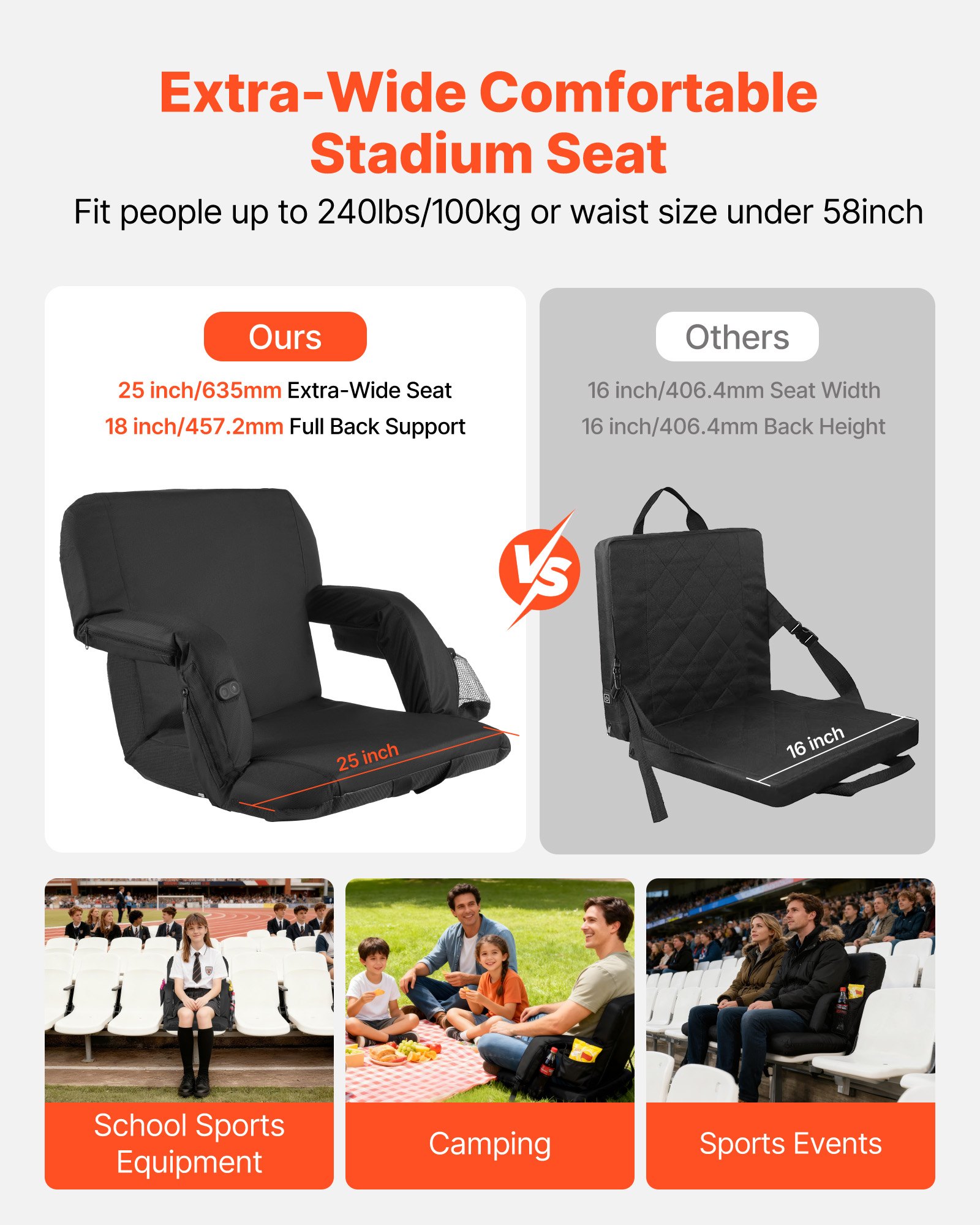 VEVOR Asiento de Estadio con Calefacción, 4 Bolsillos, 3 Niveles de Calefacción y 6 Modos de Vibración, Cojín Portátil para Acampadas, Eventos Deportivos y Gradas, Color Negro, 645 x 515 x 465 mm