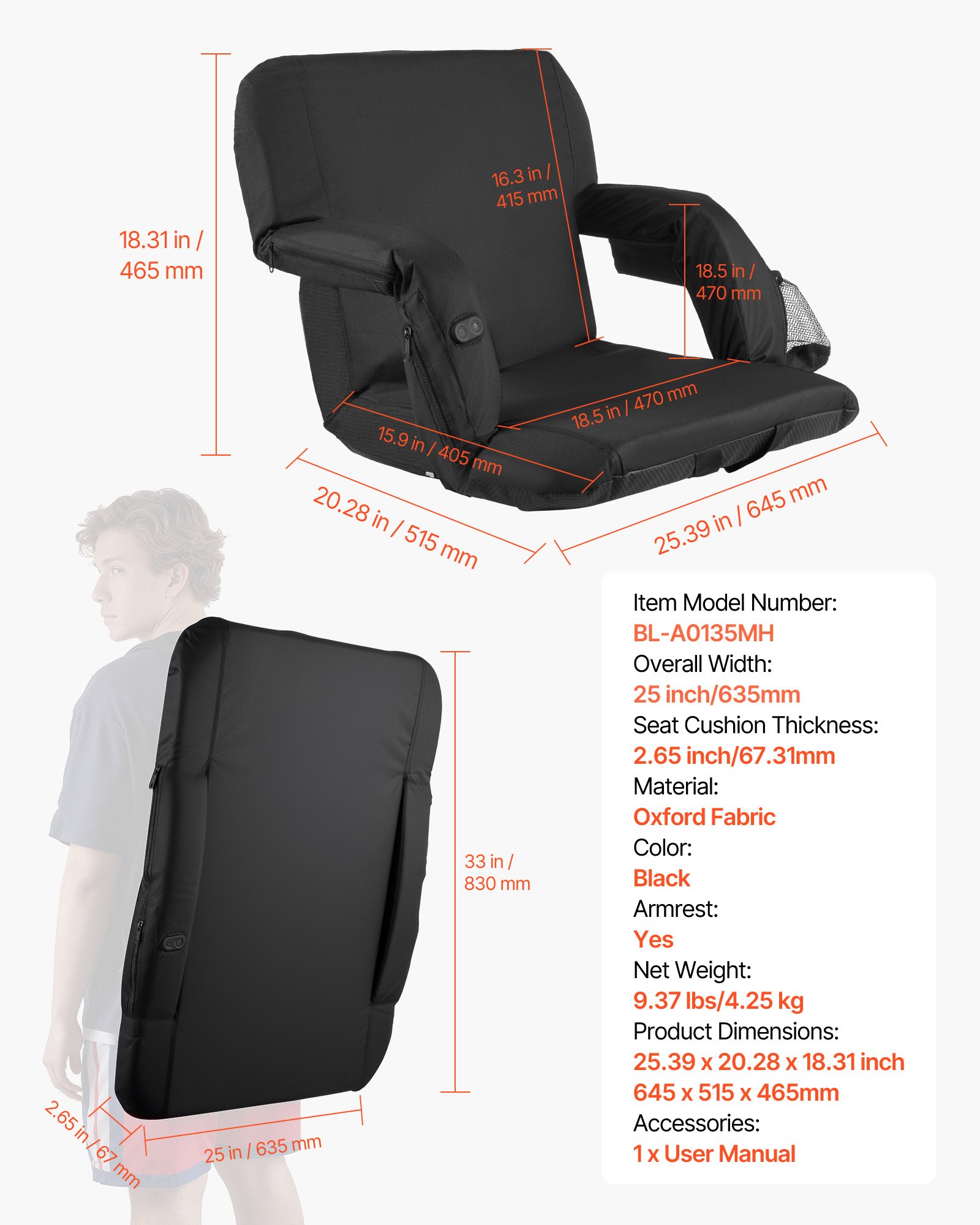VEVOR Asiento de Estadio con Calefacción, 4 Bolsillos, 3 Niveles de Calefacción y 6 Modos de Vibración, Cojín Portátil para Acampadas, Eventos Deportivos y Gradas, Color Negro, 645 x 515 x 465 mm