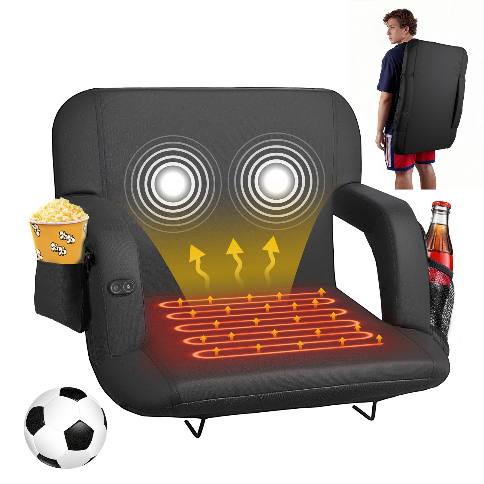 VEVOR Asiento de Estadio con Calefacción, 4 Bolsillos, 3 Niveles de Calefacción y 6 Modos de Vibración, Cojín Portátil para Acampadas, Eventos Deportivos y Gradas, Color Negro, 645 x 515 x 465 mm