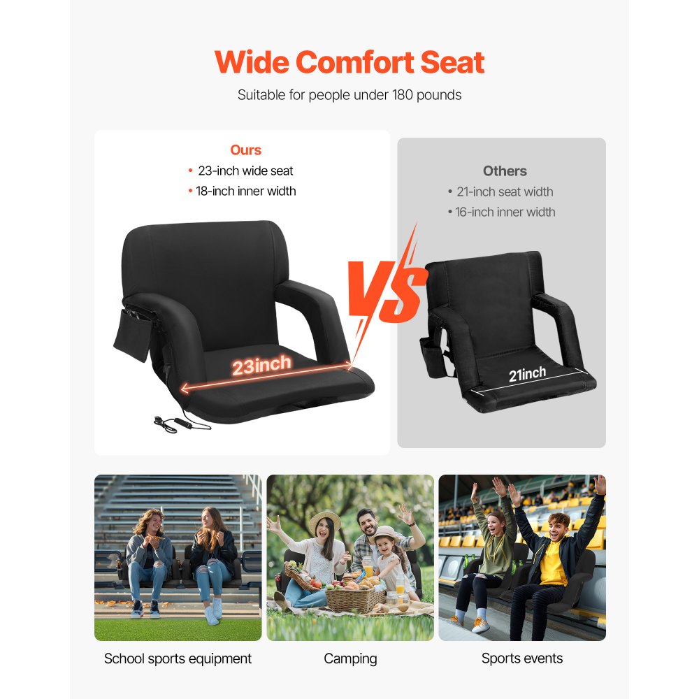 VEVOR Asiento de Estadio con Doble Calefacción y Soporte para la Espalda de 3 Niveles, Silla Reclinable Acolchada Portátil Plegable con Portavasos con Bolsillo con Gancho, 83,1 x 56,9 x 6,1 cm