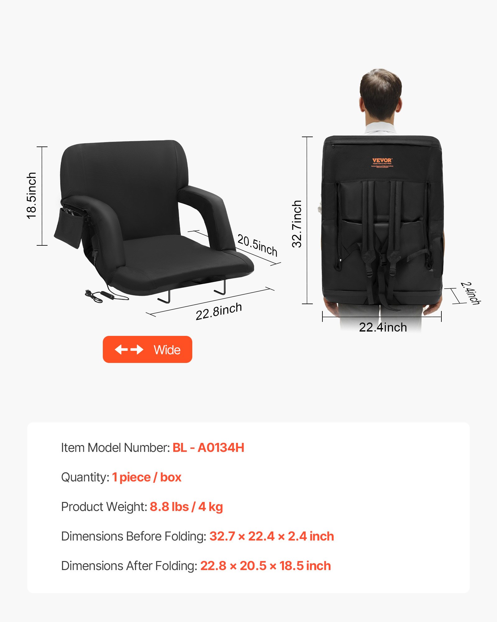 VEVOR Asiento de Estadio con Doble Calefacción y Soporte para la Espalda de 3 Niveles, Silla Reclinable Acolchada Portátil Plegable con Portavasos con Bolsillo con Gancho, 83,1 x 56,9 x 6,1 cm