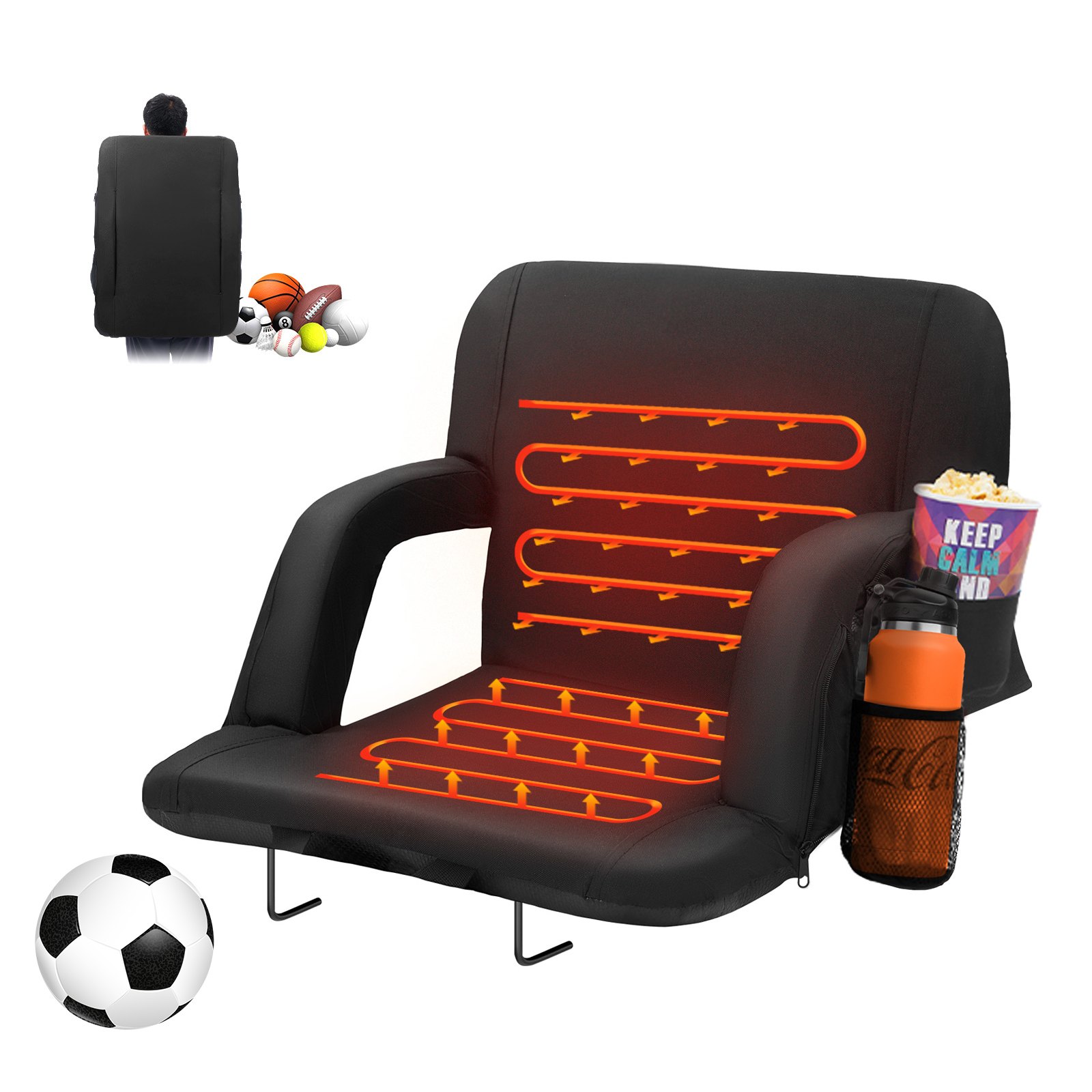 VEVOR Asiento de Estadio con Doble Calefacción y Soporte para la Espalda de 3 Niveles, Silla Reclinable Acolchada Portátil Plegable con Portavasos con Bolsillo con Gancho, 83,1 x 56,9 x 6,1 cm