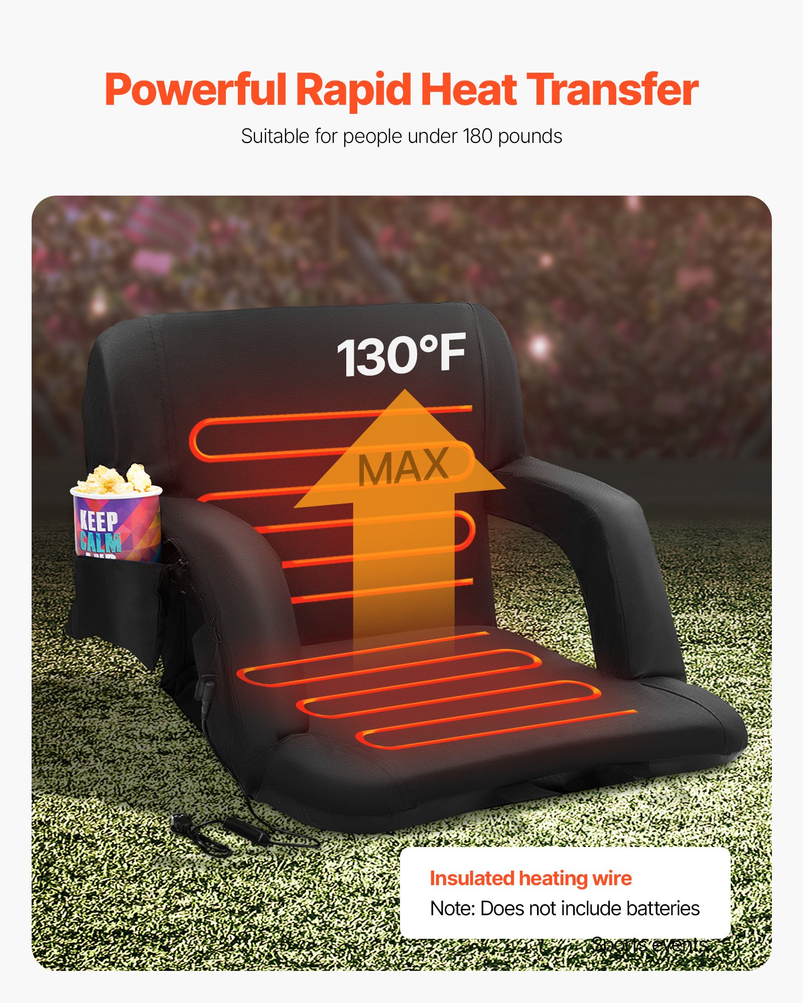 VEVOR Asiento Portátil Plegable de Estadio con Doble Calefacción y Soporte para la Espalda con Calefacción de 3 Niveles, con Portavasos con Bolsillo con Gancho, para Eventos Deportivos, Conciertos