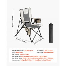 VEVOR Silla Plegable de Camping Calefactable con Respaldo Alto, 3 Niveles de Temperatura, Silla de Camping Plegable con Portavasos, para Jardín, Pesca, Caza, Viajes, 58 x 83 x 104 cm, Beige y Gris