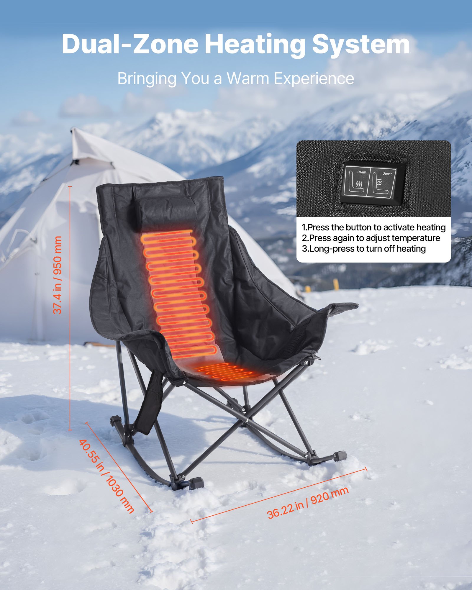VEVOR Heated Camping Chair, 3 Heating Settings, Large-Sized Padded Folding Rocker, Heavy Duty Outdoor Lawn Chairs with Pocket & Cupholder, Support 225lbs, Portable Heated Chair for Sports Winter Use