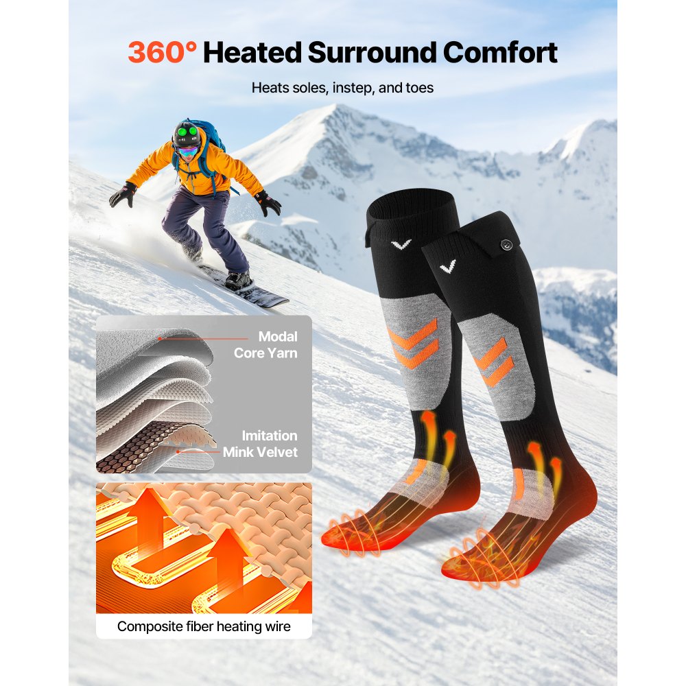 VEVOR Calcetines Calefactables, Talla M, Batería 5000 mAh, Recargables, con 4 Niveles de Calor y Control Mediante Aplicación, 40 °C a 70 °C, para Exteriores, Pesca, Camping y Senderismo, Unisex