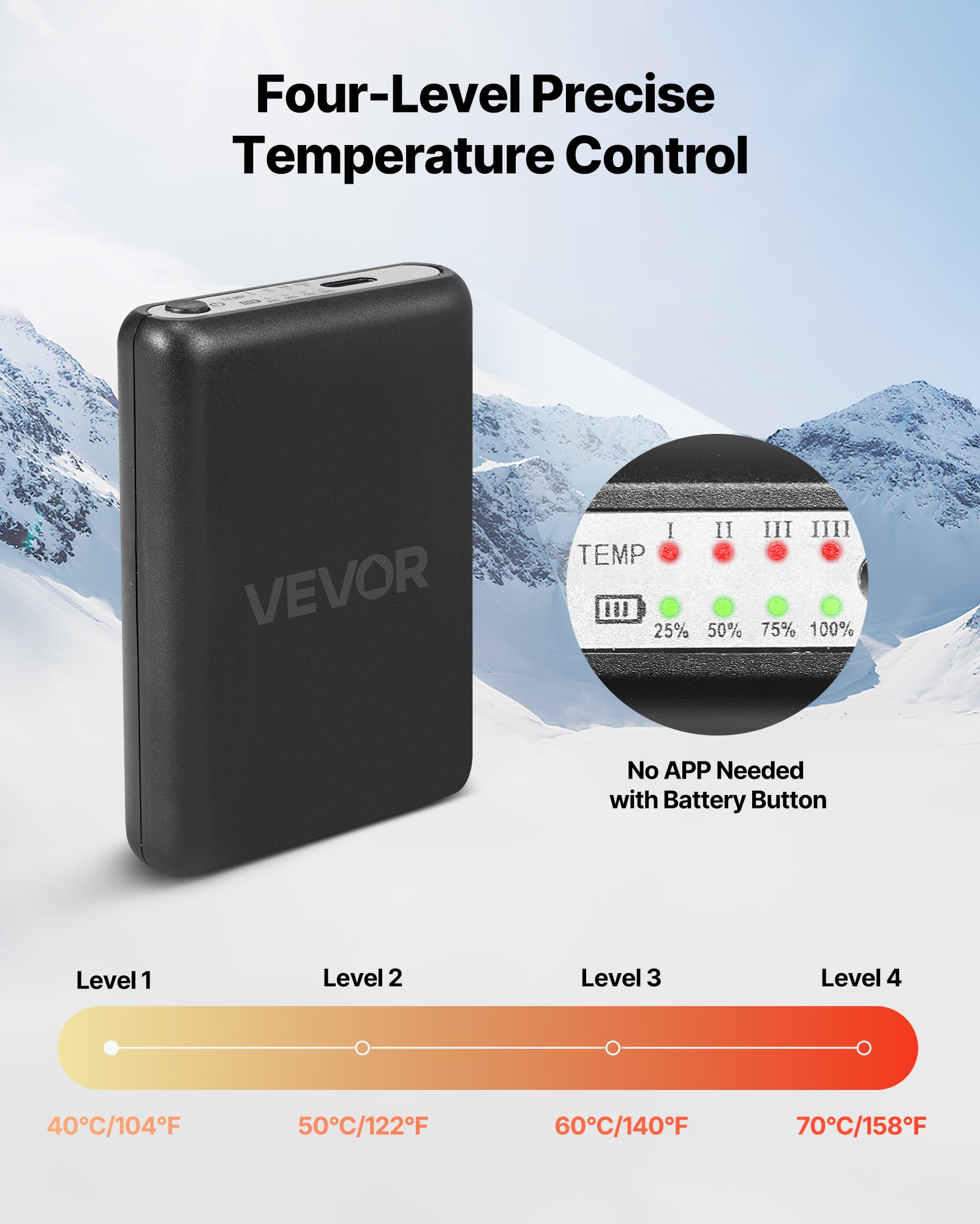 VEVOR Calcetines Calefactables, Talla XL, Batería 5000 mAh, Recargables, con 4 Niveles de Calor y Control por Aplicación, Calentadores de Pies de 40 a 70 °C para Exteriores, Esquí, Pesca, Unisex