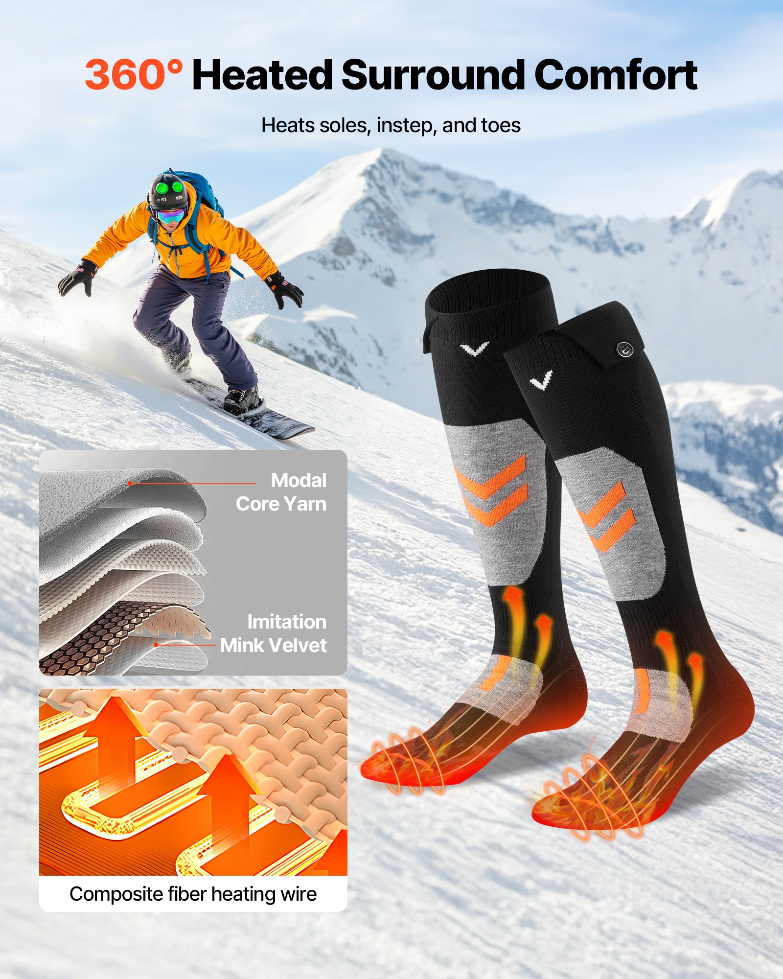 VEVOR Calcetines Calefactables, Talla XL, Batería 5000 mAh, Recargables, con 4 Niveles de Calor y Control por Aplicación, Calentadores de Pies de 40 a 70 °C para Exteriores, Esquí, Pesca, Unisex