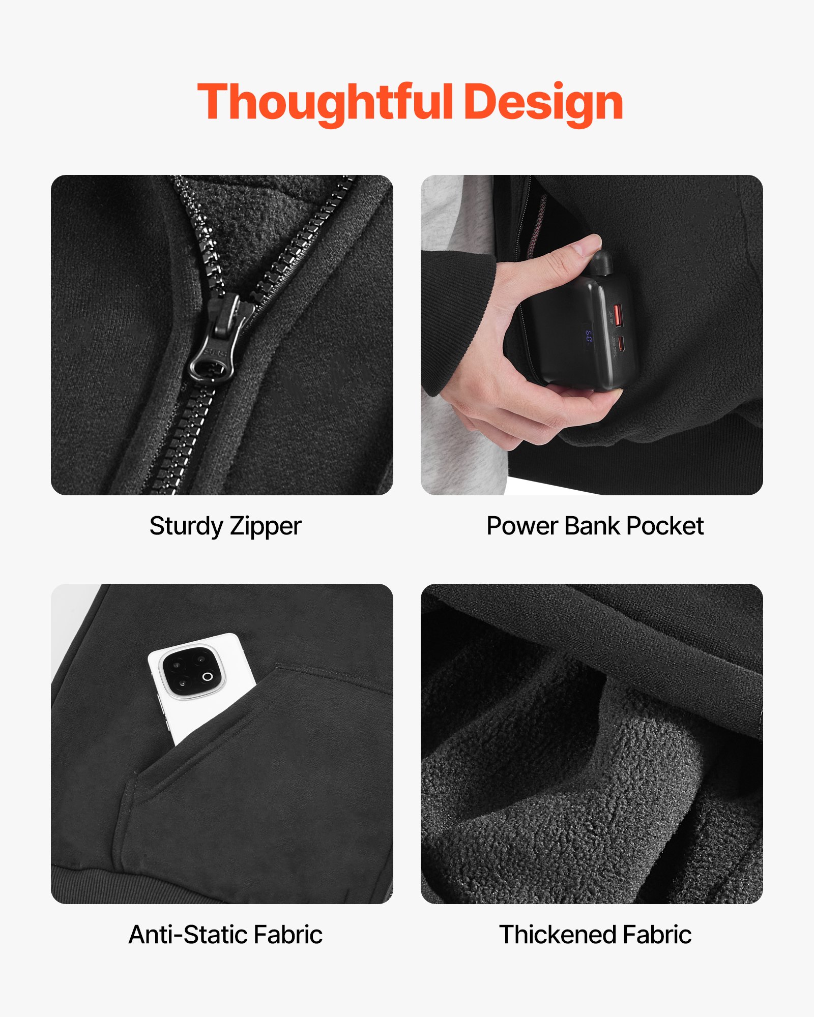 VEVOR Sudadera con Capucha Calefactable Unisex, con Cremallera Completa y Batería 7,4 V 16 000 mAh, 5 Zonas Calefacción, 3 Niveles Temperatura, para Acampadas en Invierno, Negro, Talla S, 4-8 h