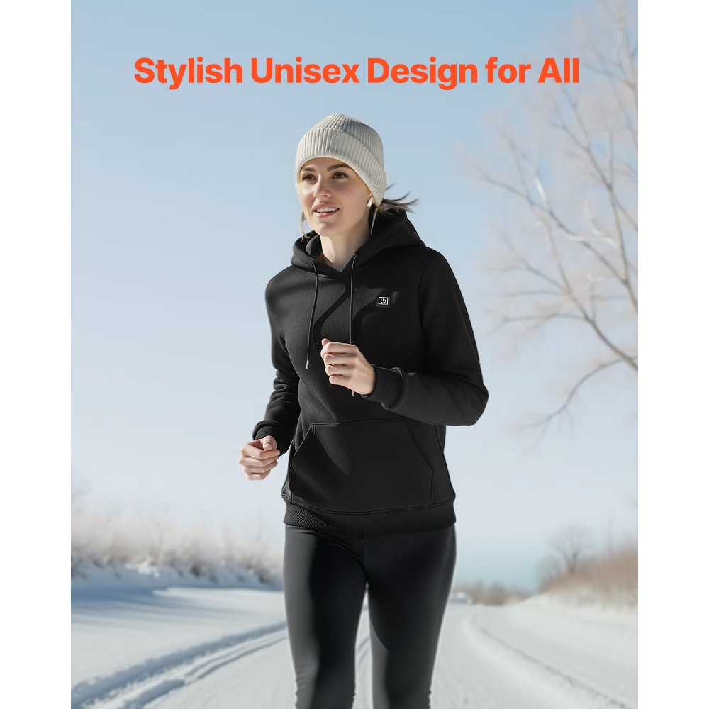 VEVOR Sudadera con Capucha Calefactable, Unisex, con Batería Externa Recargable de 7,4 V y 16 000 mAh, 5 Zonas Calefacción, 3 Niveles Temperatura, 4-8 h, para Acampada en Invierno, Negro, Talla M