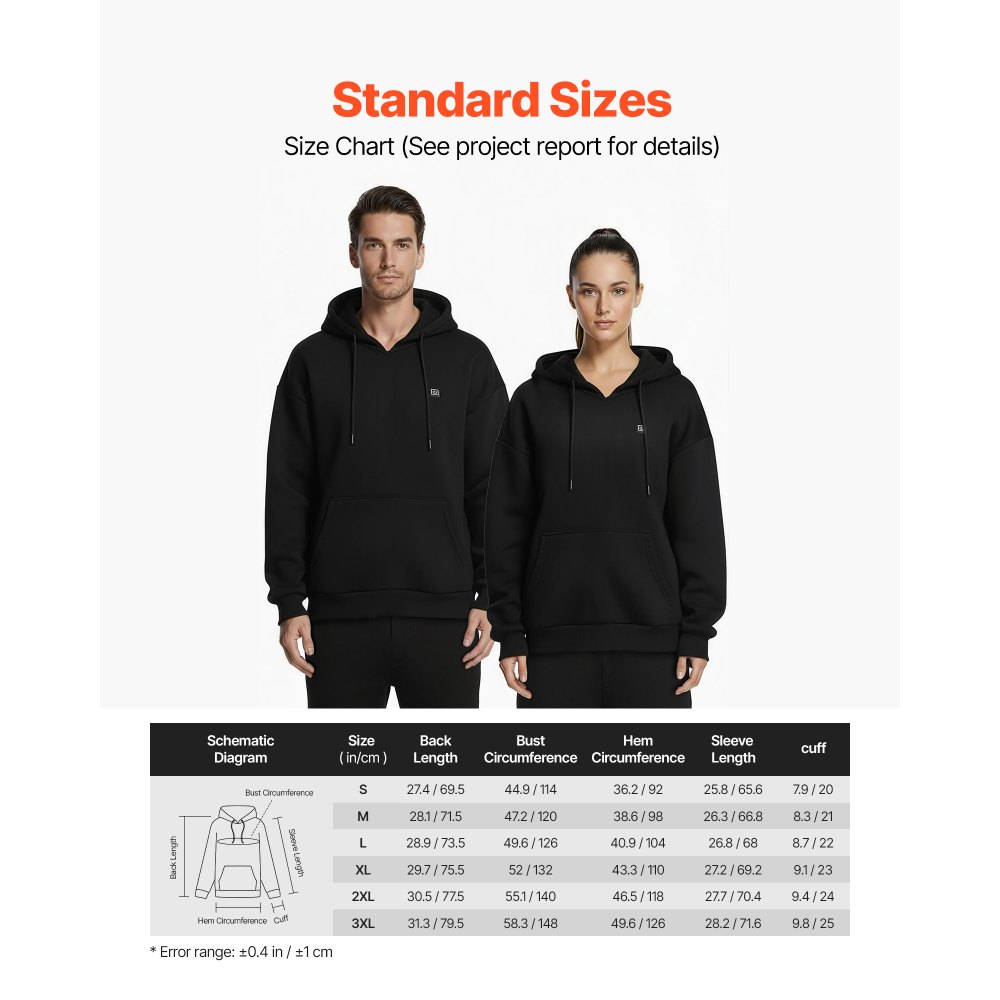 VEVOR Sudadera con Capucha Calefactable, Unisex, con Batería Externa Recargable de 7,4 V y 16 000 mAh, 5 Zonas Calefacción, 3 Niveles Temperatura, 4-8 h, para Acampada en Invierno, Negro, Talla S