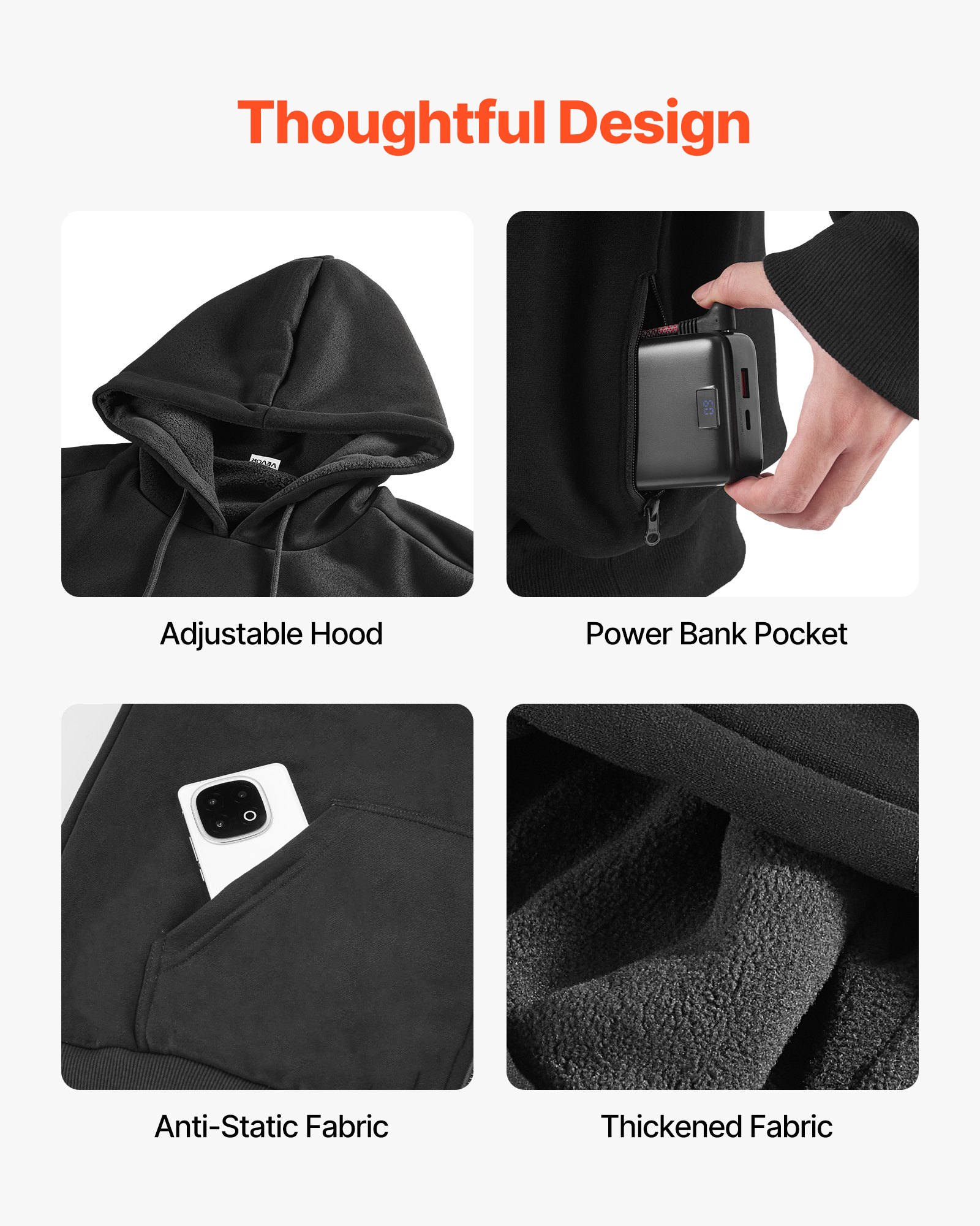 VEVOR Sudadera con Capucha Calefactable, Unisex, con Batería Externa Recargable de 7,4 V y 16 000 mAh, 5 Zonas Calefacción, 3 Niveles Temperatura, 4-8 h, para Acampada en Invierno, Negro, Talla S