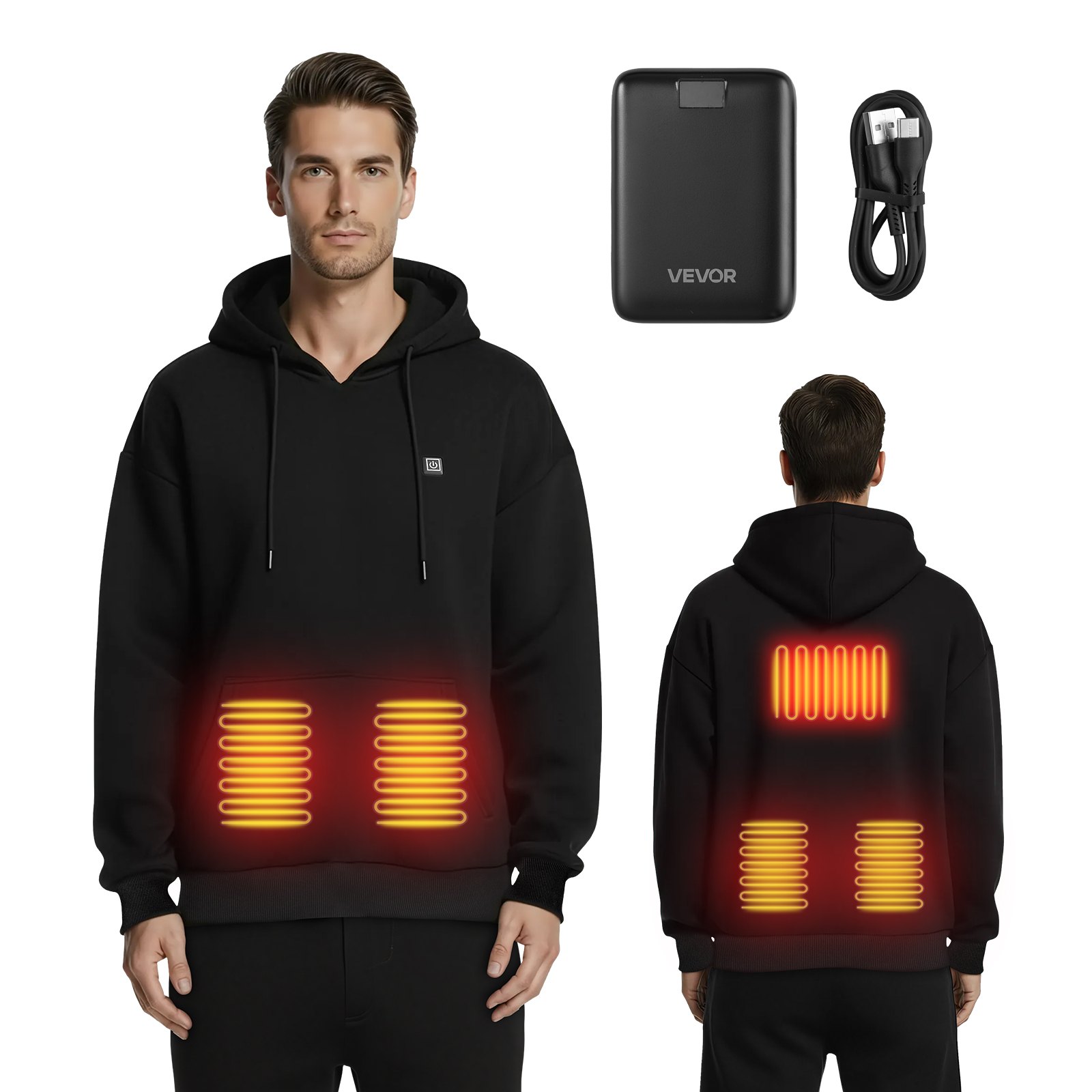 VEVOR Sudadera con Capucha Calefactable, Unisex, Batería Externa Recargable de 7,4 V y 16 000 mAh, 5 Zonas Calefacción, 3 Niveles Temperatura, 4-8 h, para Acampada en Invierno, Negro, Talla XXXL