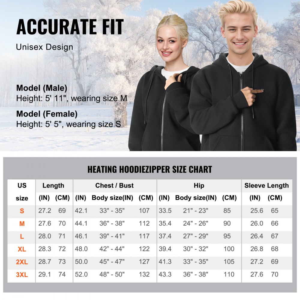 VEVOR Heated Hoodie, Unisex Heated Sweatshirt with Battery Pack 7.4V, Zip Up Electric Jacket with 5 Heating Zones for Men & Women, Lightweight Warm Heated Outdoor Pullover for Camping, L Size Black